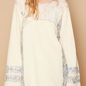 POL Cream and Blue Lace Blouse